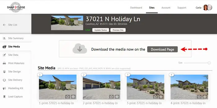 Site Media on the Snap2Close Portal