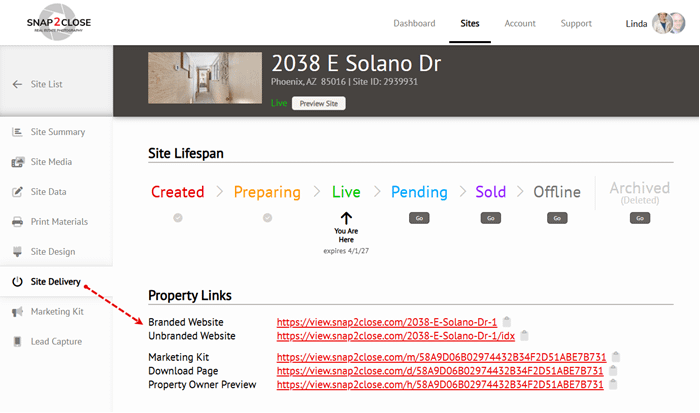 Displaying the Snap2Close property website's URL address.